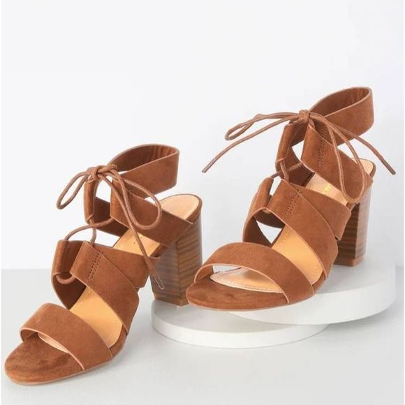 Lulus Jelena Camel Brown Suede Lace Up Chunky Block Heels Size 6 - Picture 3 of 6